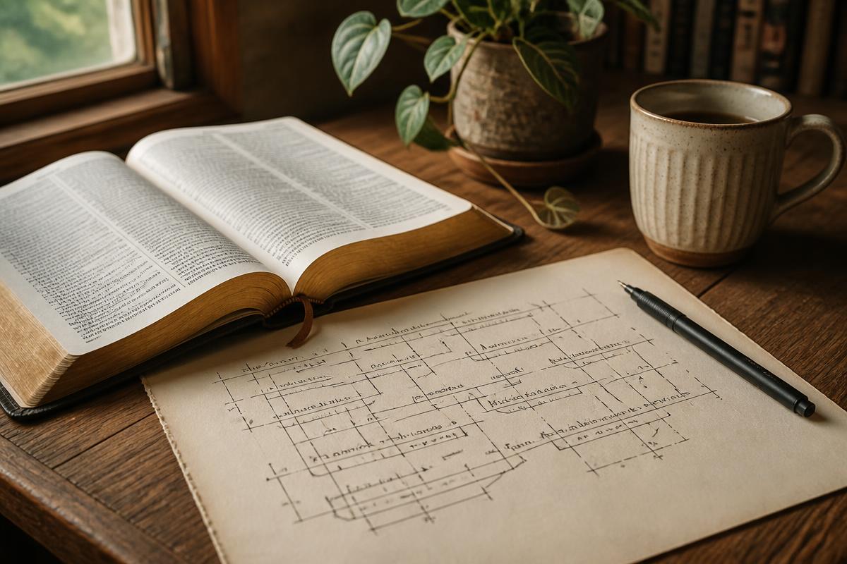 An open Bible with hand-drawn phrase diagrams, a pen, and warm natural light